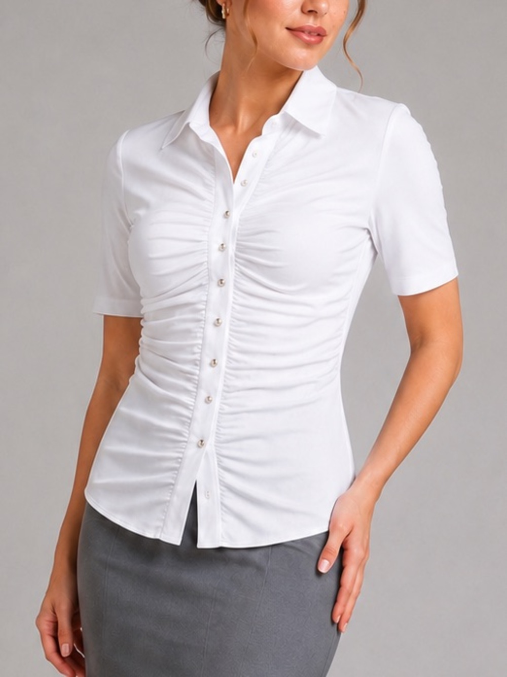 🆕🥥Generation Love White Naia Lace Up Top Ruched Fitted Button Down Blouse Size L